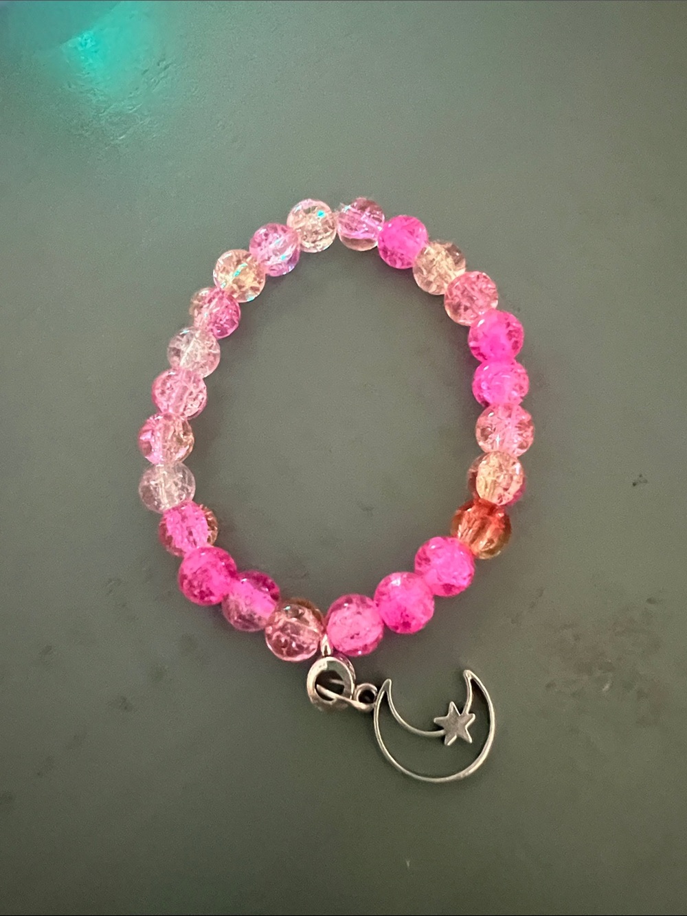 Pink Crystal Beaded Stretch Bracelet with Crescent Star Charm